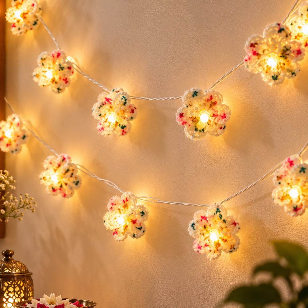 Handmade Crochet Blossom Wool LED Fairy Light For Festive Decor - Off White