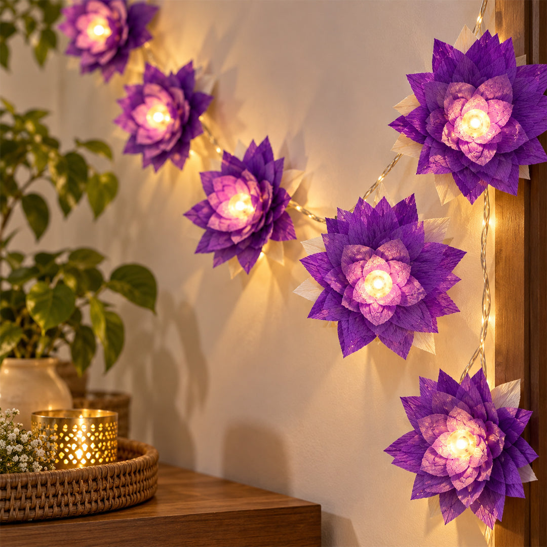 Handmade Phool Jhalar Crepe Paper Flower LED Fairy Light For Festive Decor - Purple & Green