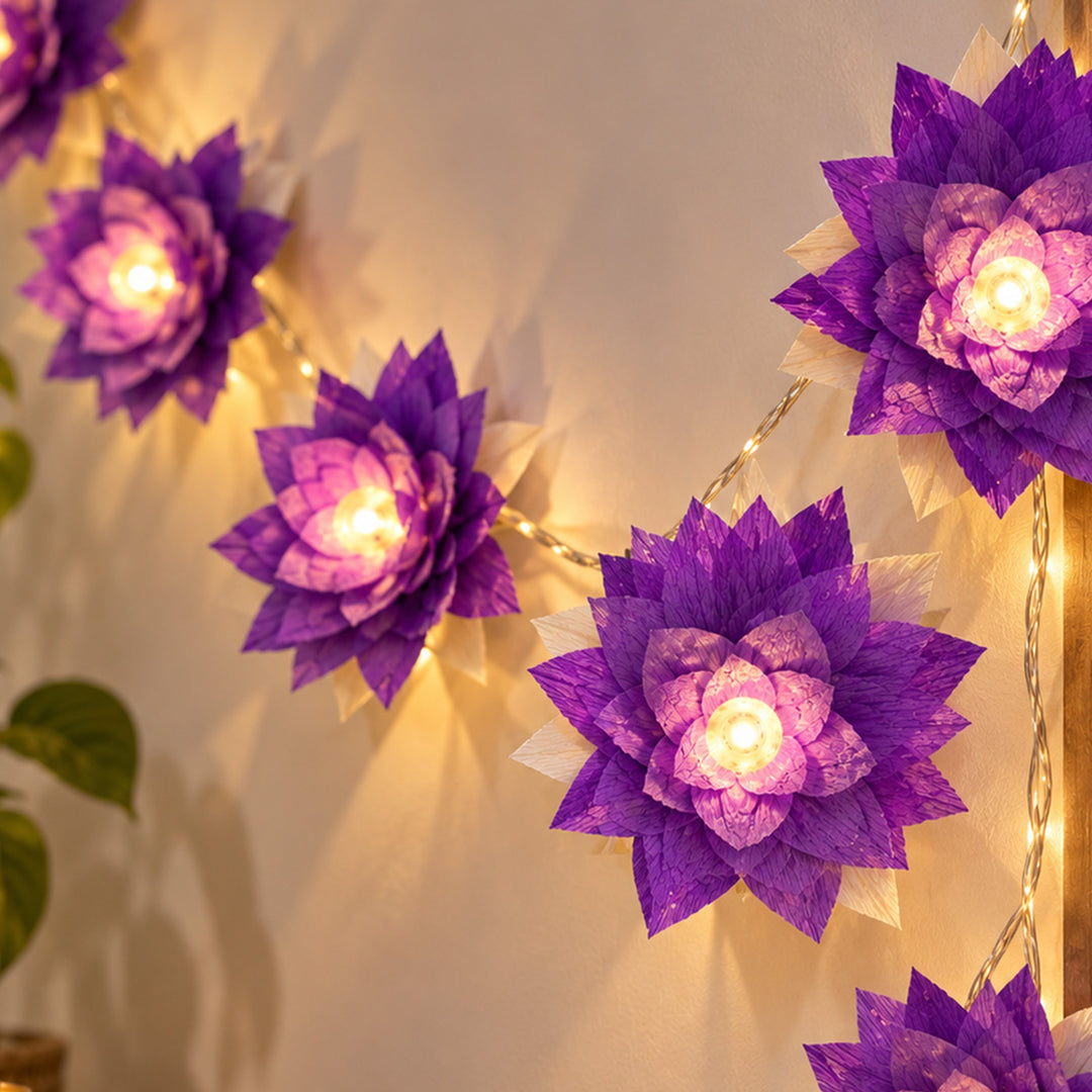 Handmade Phool Jhalar Crepe Paper Flower LED Fairy Light For Festive Decor - Purple & Green