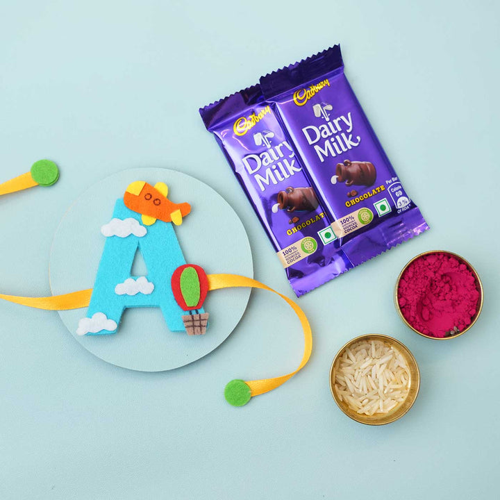 Personalised Handmade Hot Air Ballon Felt Rakhi With Chocolates Roli Chawal - Styled with Chocolates and Items