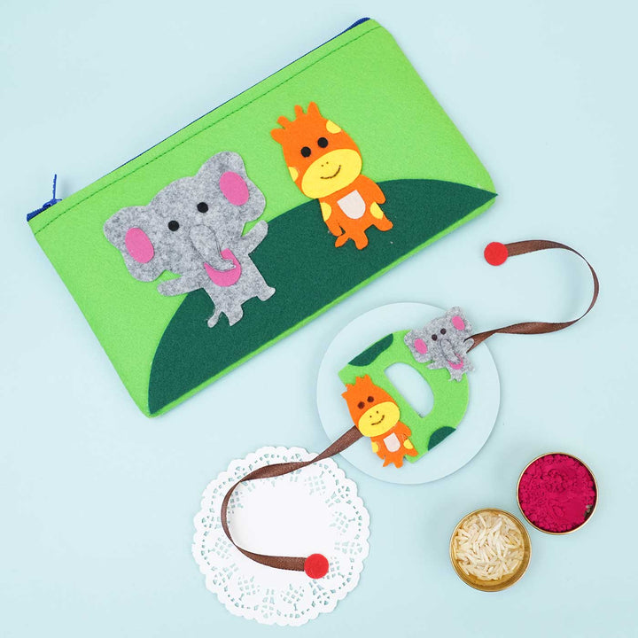 Personalised Handmade Felt Rakhi Jungle Pouch With Chocolates Roli Chawal - Product Set with Decorative Plates and Accessories