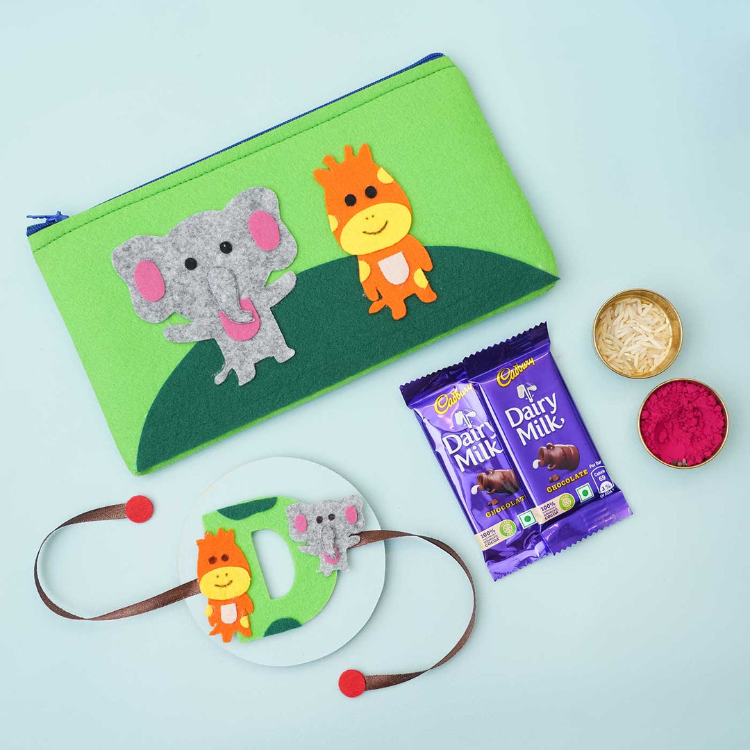 Personalised Handmade Felt Rakhi Jungle Pouch With Chocolates Roli Chawal - Product Set with Chocolates and Accessories