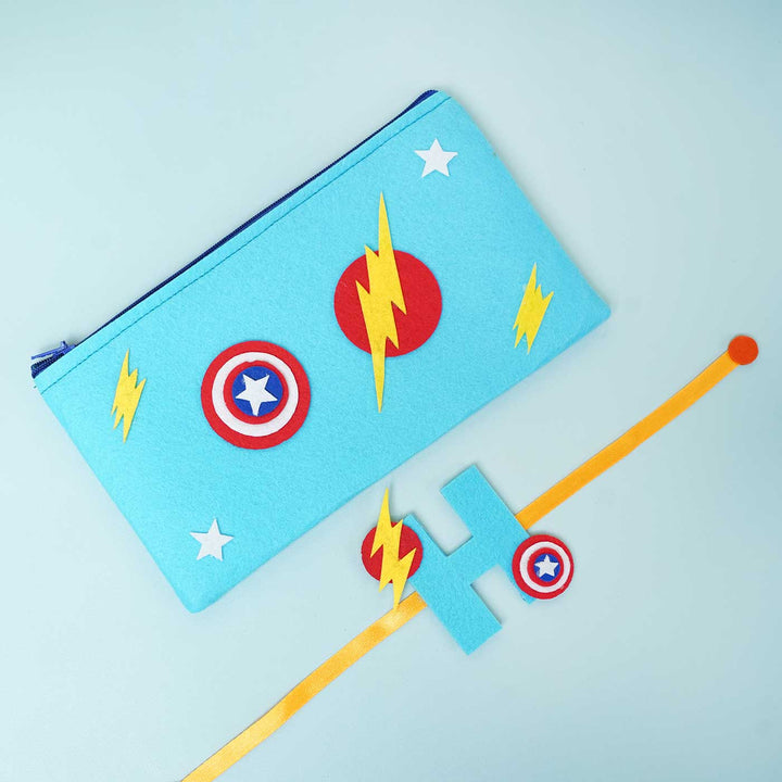 Personalised Handmade Felt Rakhi Superhero Pouch With Chocolates Roli Chawal - Front View with Wrist Strap