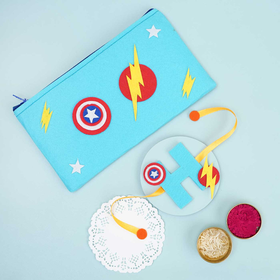 Personalised Handmade Felt Rakhi Superhero Pouch With Chocolates Roli Chawal - Flat Lay with Pooja Items and Doily