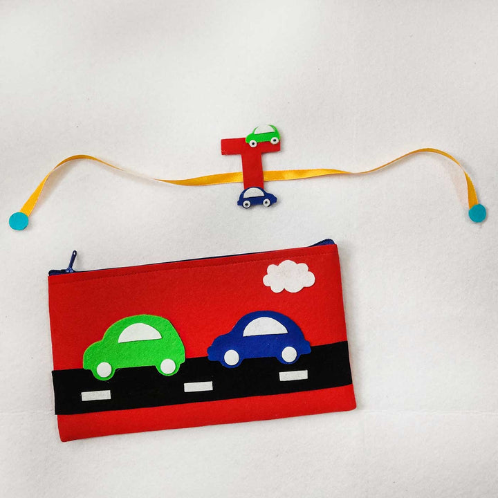 Personalised Handmade Kids Themed Felt Rakhi Pouch With Chocolates Roli Chawal - Front View with Matching Bracelet (2)