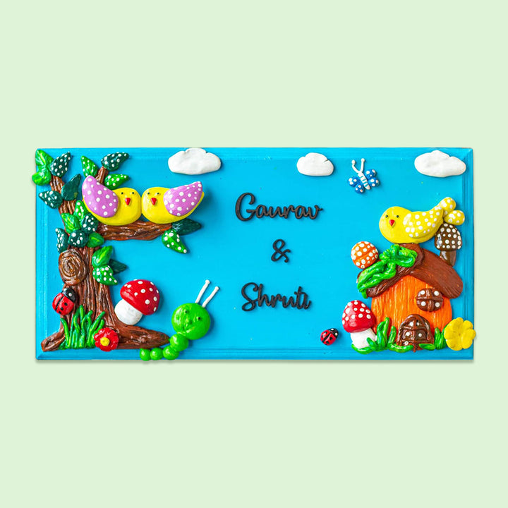 Handcrafted Personalized Nature Themed Name Plate For Siblings - Front View with Name Personalization