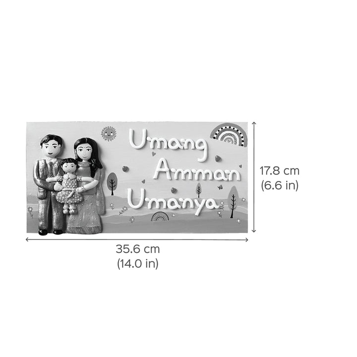 Handcrafted Personalized Family Themed Name Plate 1 - Dimension Chart with Family Figurines