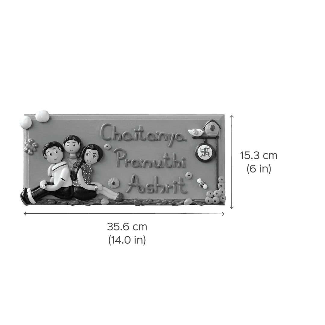 Handcrafted Personalized Family Themed Name Plate - Dimension Chart with Personalization Example