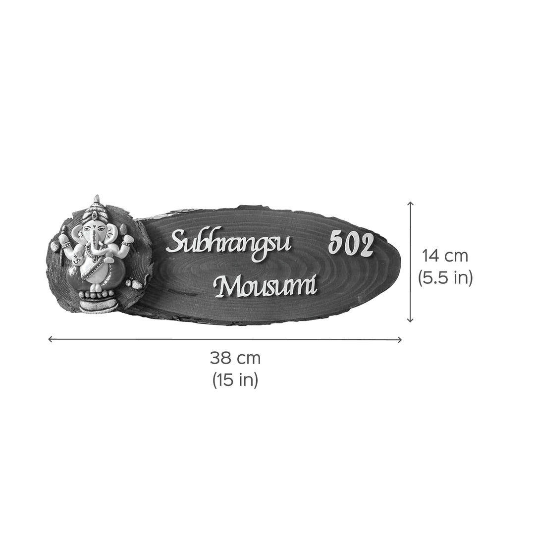 Handcrafted Personalized Ganesha Themed Name Plate For Couples - Dimension Chart with Name Example