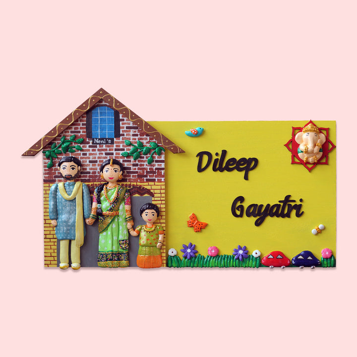 Handcrafted Personalized Hut Shaped Family Name Plate - Front View with Name Personalization