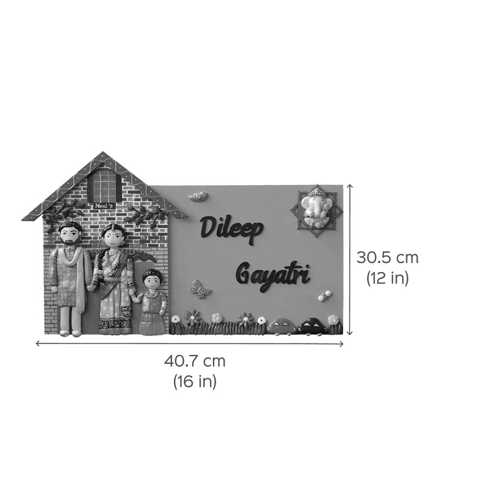 Handcrafted Personalized Hut Shaped Family Name Plate - Dimension Chart with Personalized Names