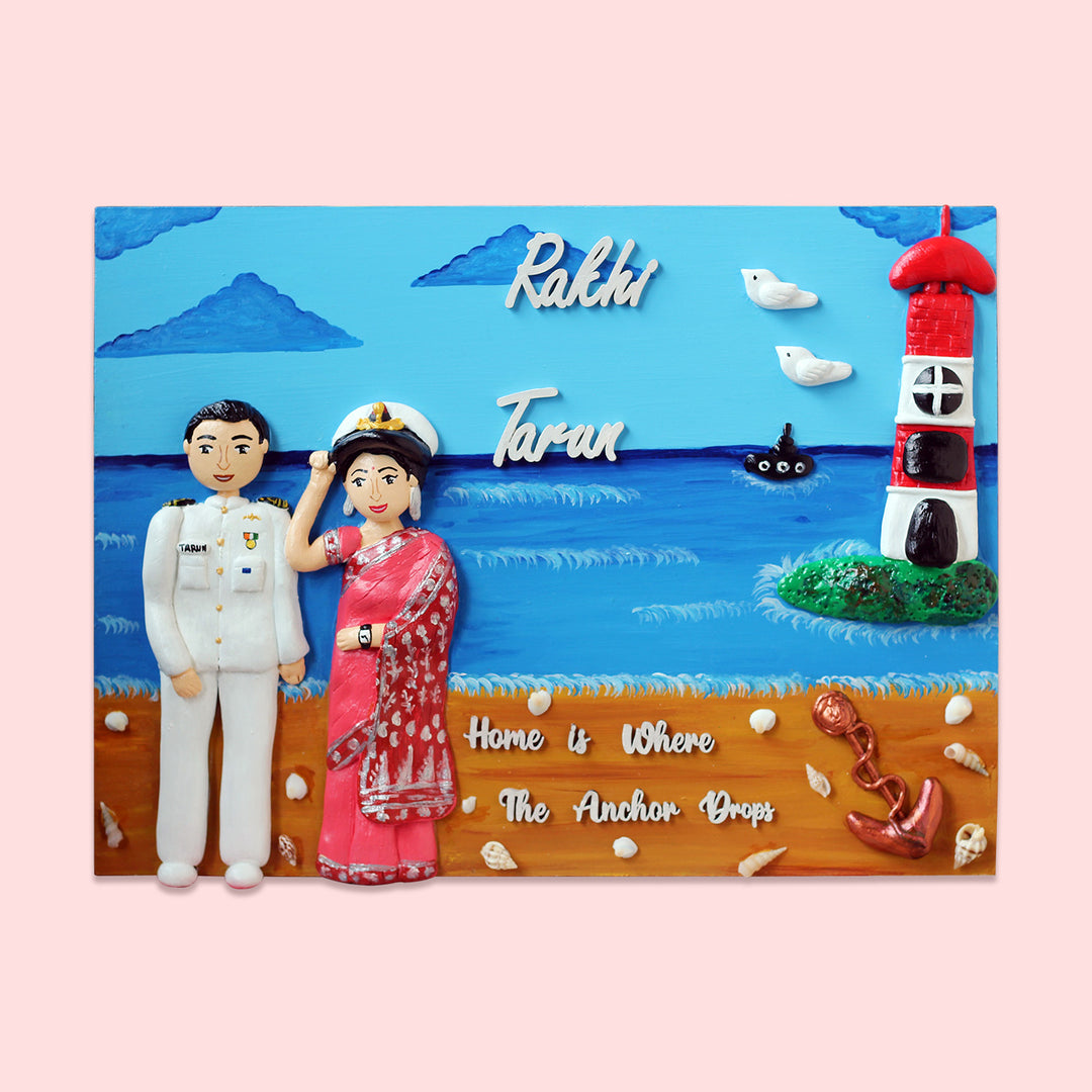 Handcrafted Personalized Navy Themed Couple Name Plate - Front View with Name Personalization