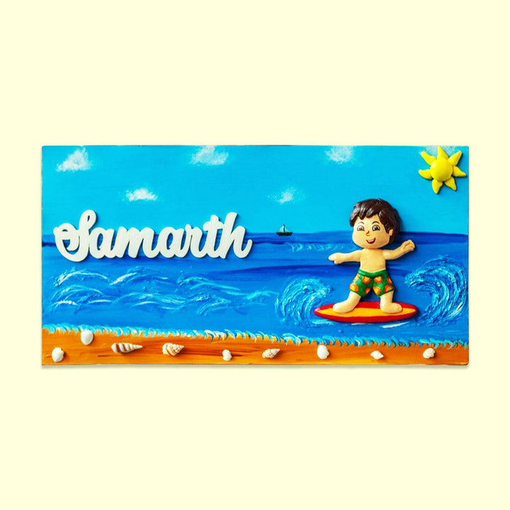 Handcrafted Personalized Beach Themed Name Plate For Kids - Front View with Name Personalization