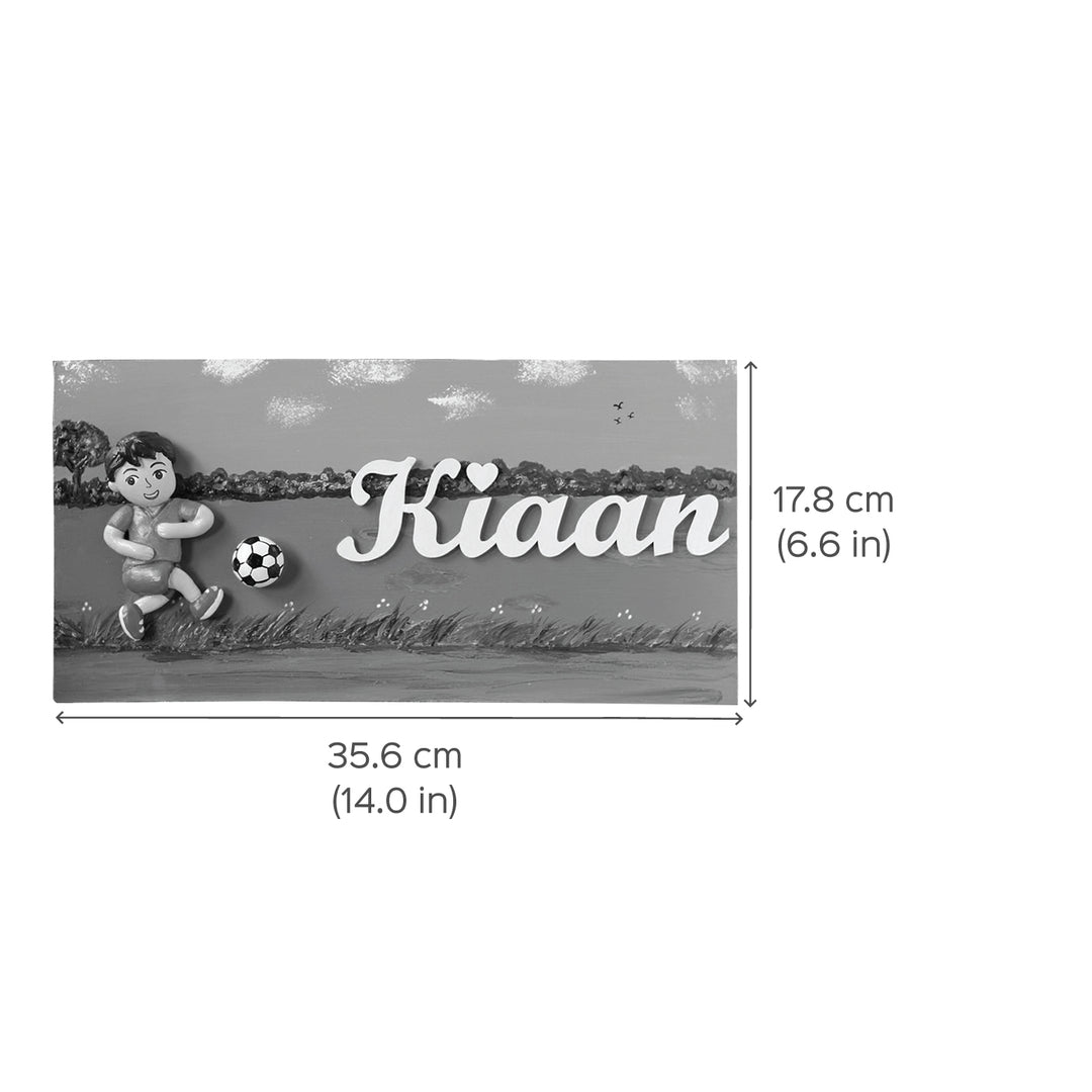 Handcrafted Personalized Football Themed Name Plate For Kids - Dimension Chart with Name Personalization