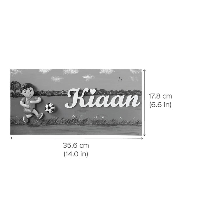 Handcrafted Personalized Football Themed Name Plate For Kids - Dimension Chart with Name Personalization