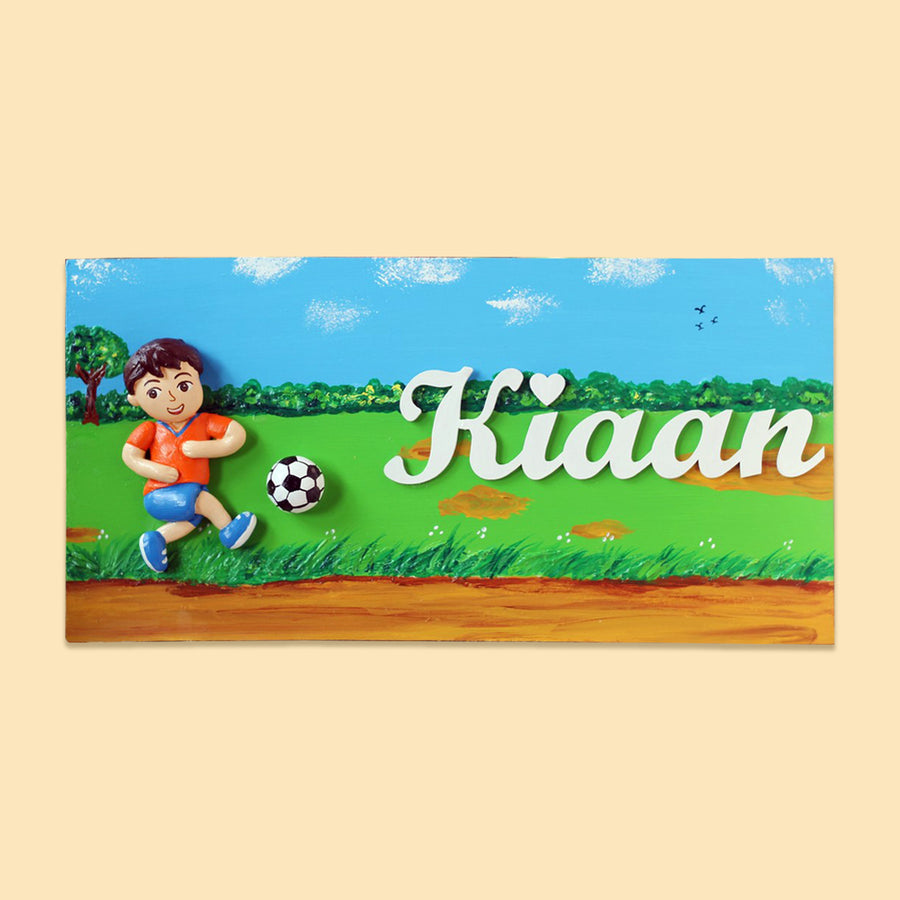 Handcrafted Personalized Football Themed Name Plate For Kids - Front View with Name Personalization