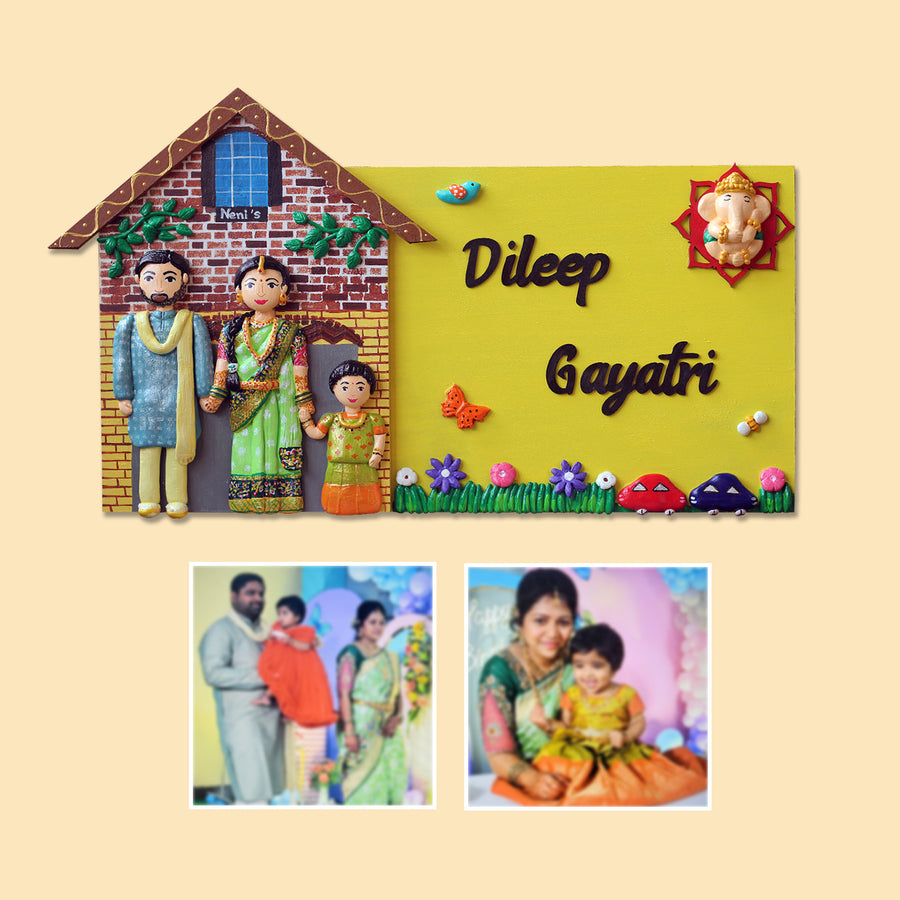 Handcrafted Personalized Hut Shaped Family Name Plate - Name Personalization Example with Family Figures