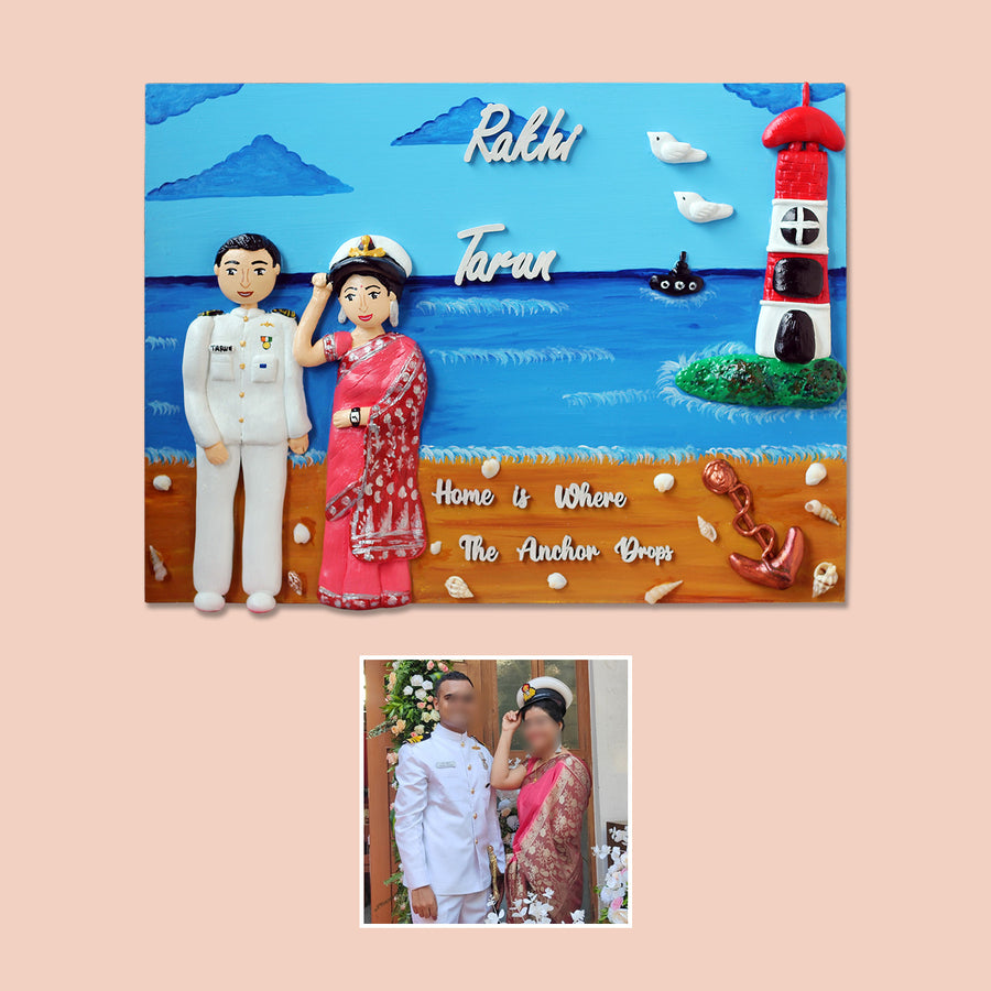 Handcrafted Personalized Navy Themed Couple Name Plate - Personalized Figurine and Background Display