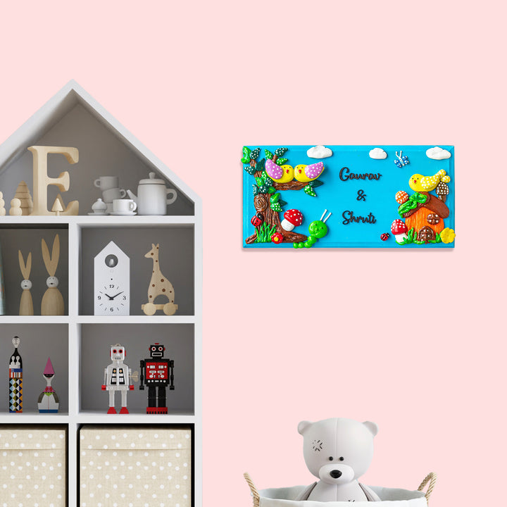 Handcrafted Personalized Nature Themed Name Plate For Siblings - Mounted on Nursery Wall Display