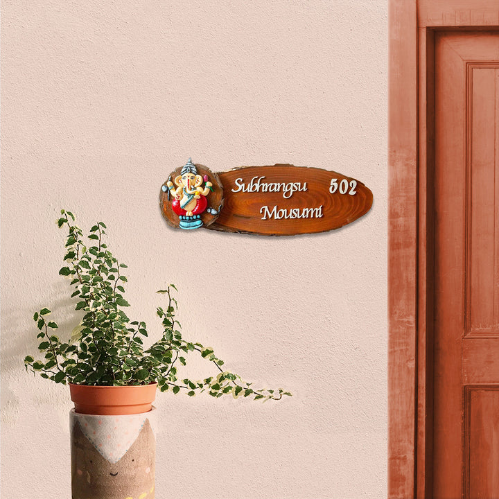 Handcrafted Personalized Ganesha Themed Name Plate For Couples - Mounted on Entryway Wall