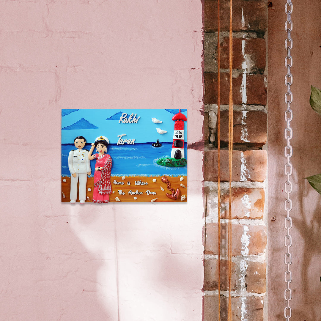 Handcrafted Personalized Navy Themed Couple Name Plate - Mounted on Pink Wall Display