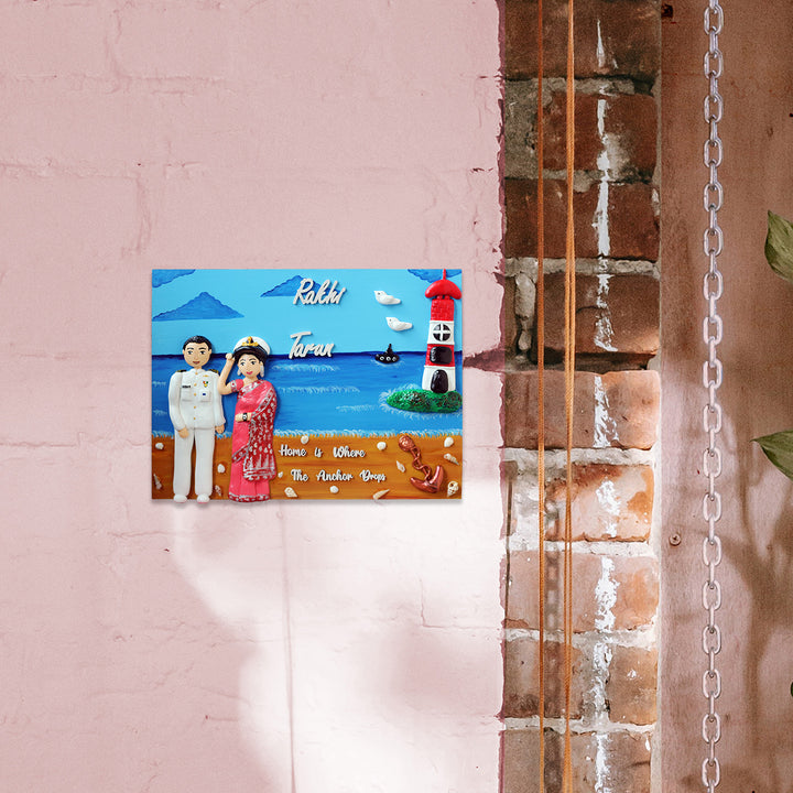 Handcrafted Personalized Navy Themed Couple Name Plate - Mounted on Pink Wall Display