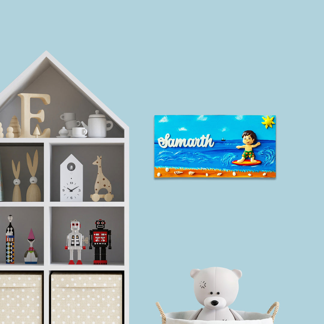 Handcrafted Personalized Beach Themed Name Plate For Kids - Mounted on Wall with Name Personalization