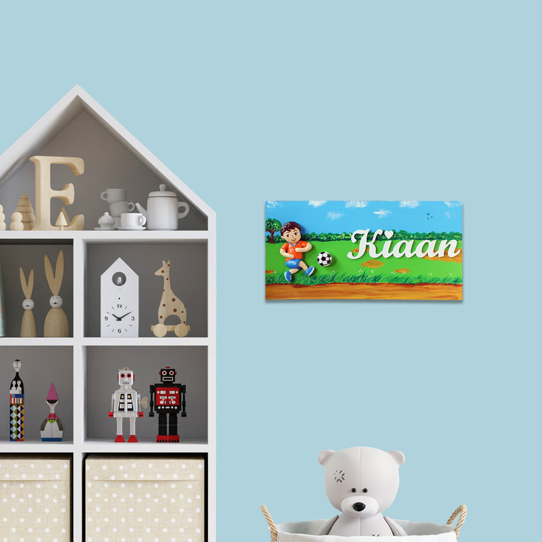 Handcrafted Personalized Football Themed Name Plate For Kids - Mounted on Blue Wall in Room