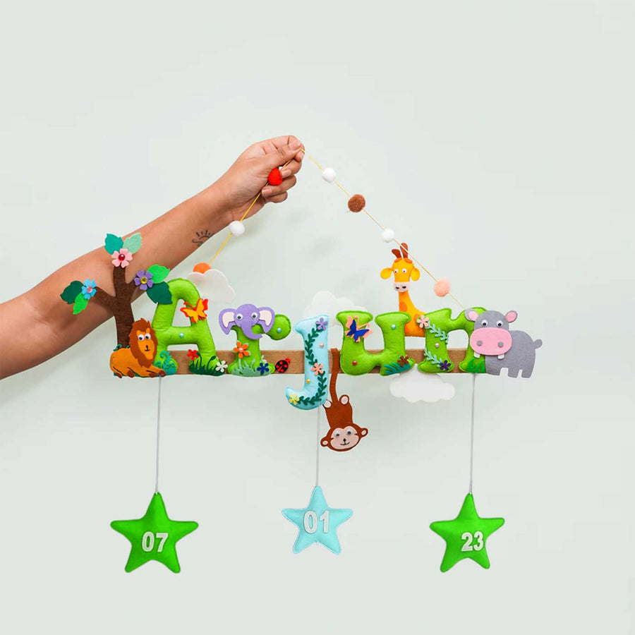 Jungle Animal Name Plate For Kids - Held by Hand Showing Front View