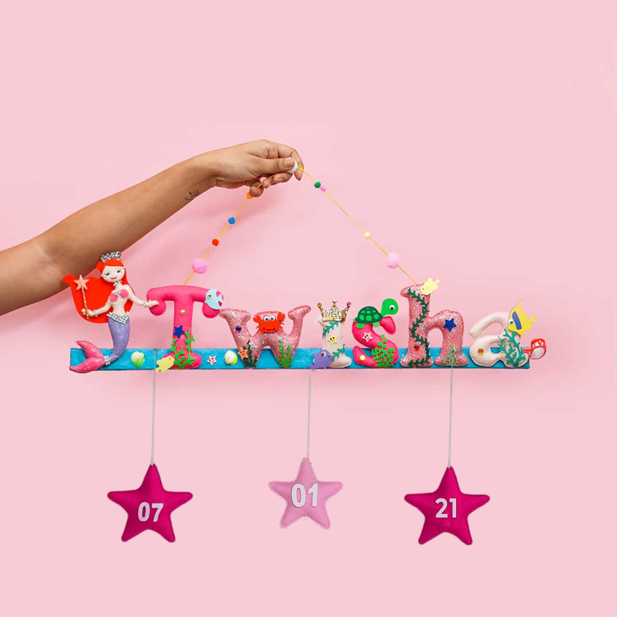 Little Mermaid Name Plate For Kids - Hanging Display with Date Stars