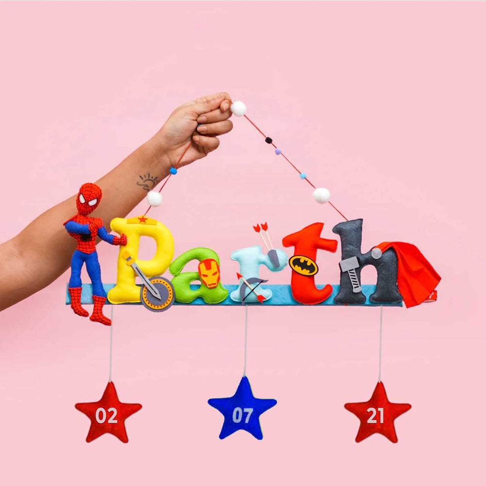 Spiderman Avenger Name Plate For Kids - Front View Hanging Display Held by Hand