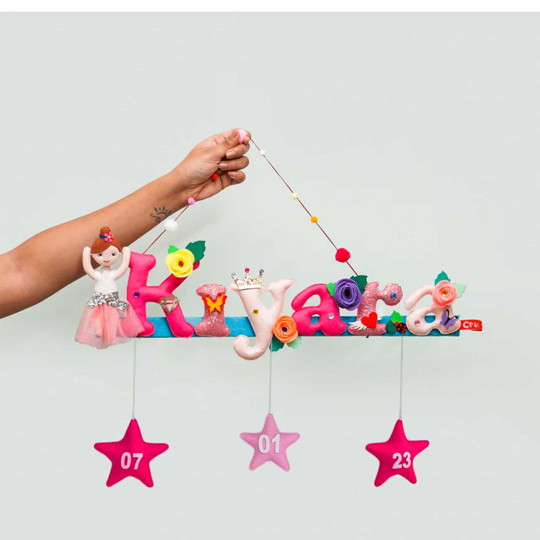 Ballerina Doll Name Plate For Kids - Hanging Name with Date Stars