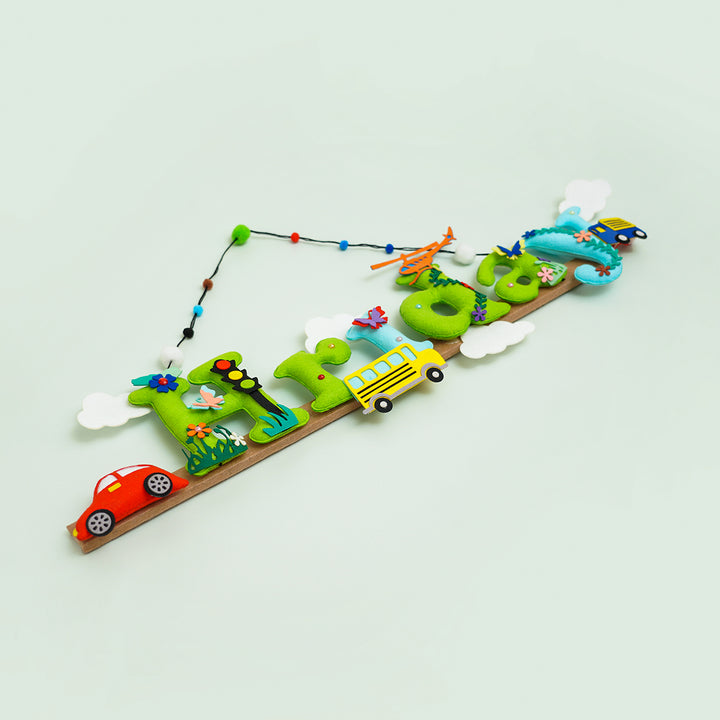Transport Vehicles Name Plate For Kids - Angled Hanging Display with String