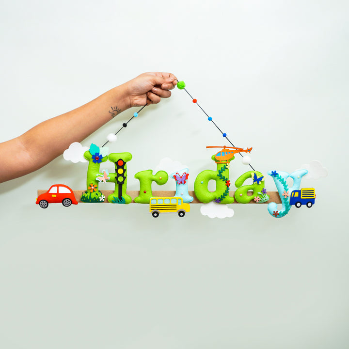 Transport Vehicles Name Plate For Kids - Hand Holding Hanging Name Decoration