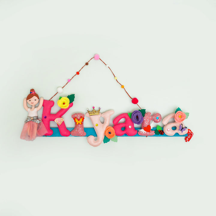 Ballerina Doll Name Plate For Kids - Front View Hanging with Decorative String