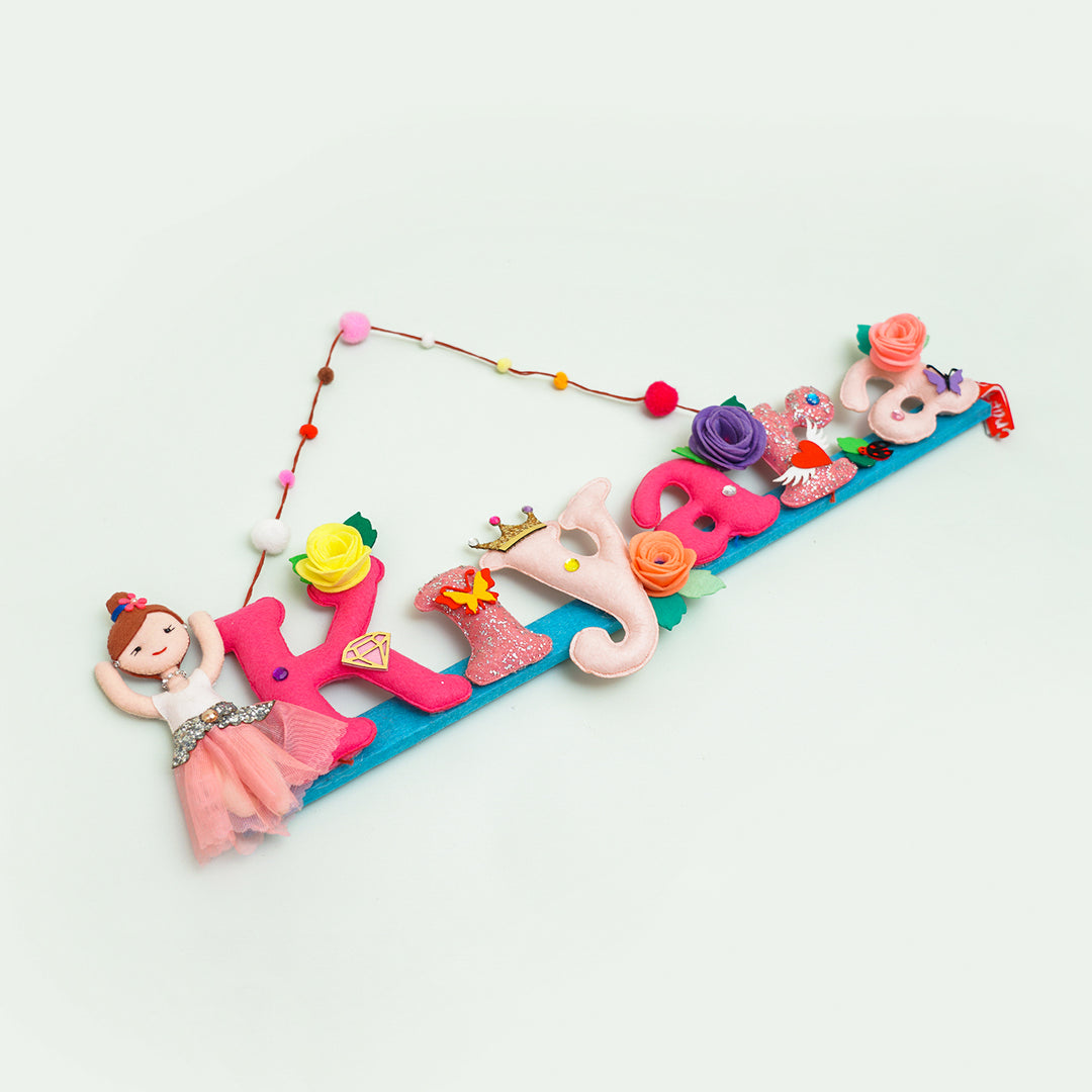 Ballerina Doll Name Plate For Kids - Angled Top View with Hanging String