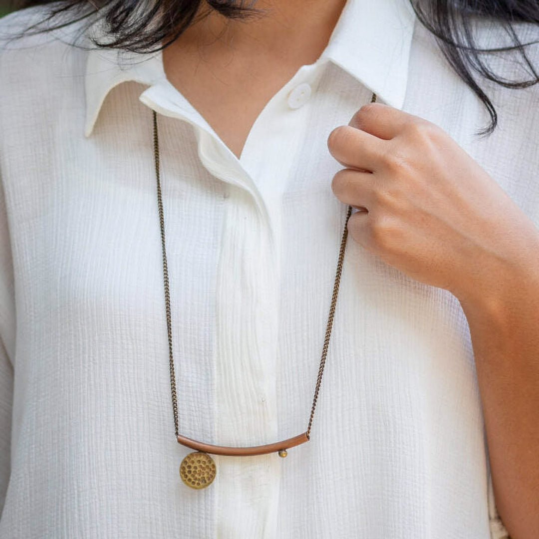 Handmade Crescent Beaten Disc And Sphere Ball Brass Necklace