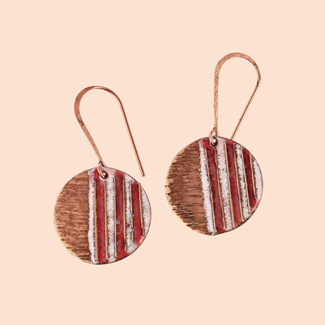 Hand Crafted Small Fire Copper Enamel Crinkle Earrings