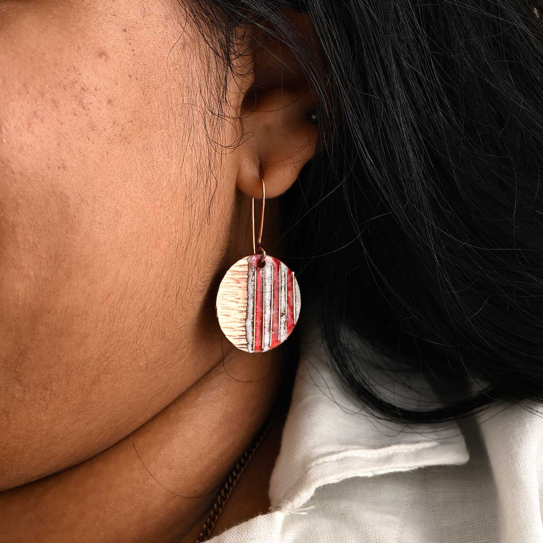 Hand Crafted Small Fire Copper Enamel Crinkle Earrings
