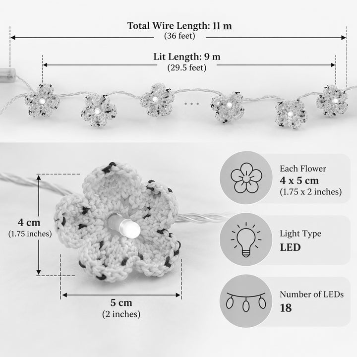 Handmade Crochet Blossom Wool LED Fairy Light For Festive Decor - Off White