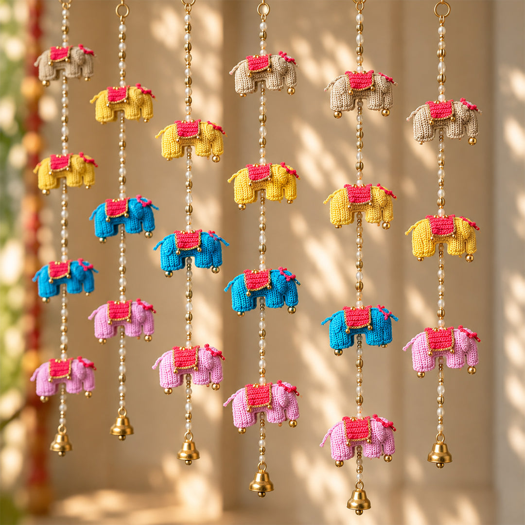 2 Pc |  Handmade Elephant Theme Crochet Wall Hanging with Bells & Ghungroo