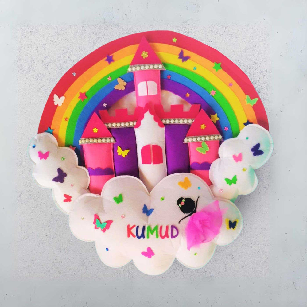 Personalized Handmade Rainbow Castle Felt Name Plate - Front View with Name Personalization