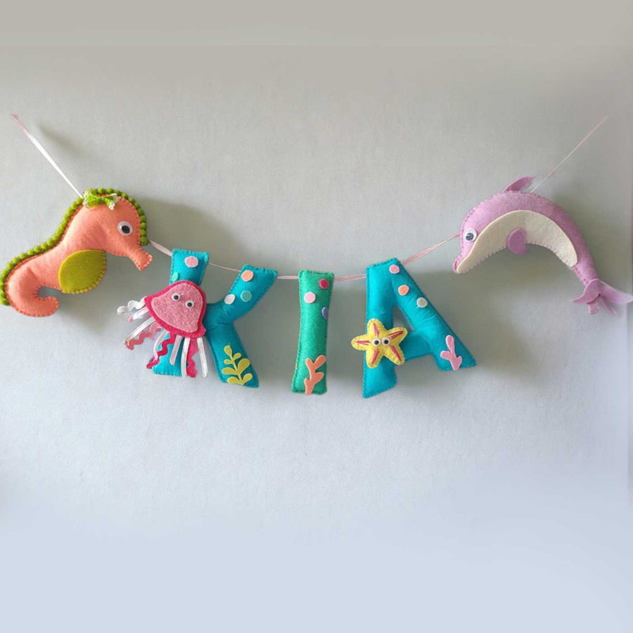 Personalized Handmade Sea Creature Theme Felt Bunting - Hanging Name Garland Front View