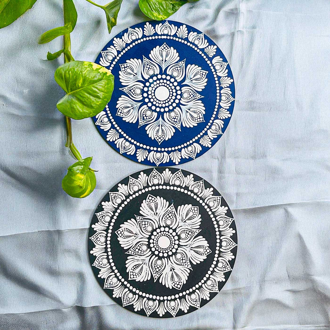 Hand-Painted Dot Mandala Dark Blue & White Mdf Wood Wall Plate