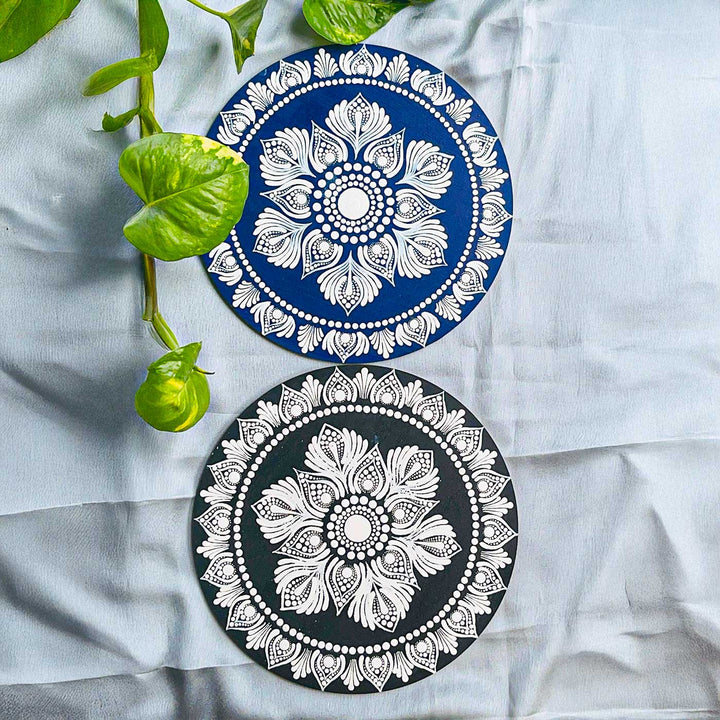 Hand-Painted Dot Mandala Dark Blue & White Mdf Wood Wall Plate