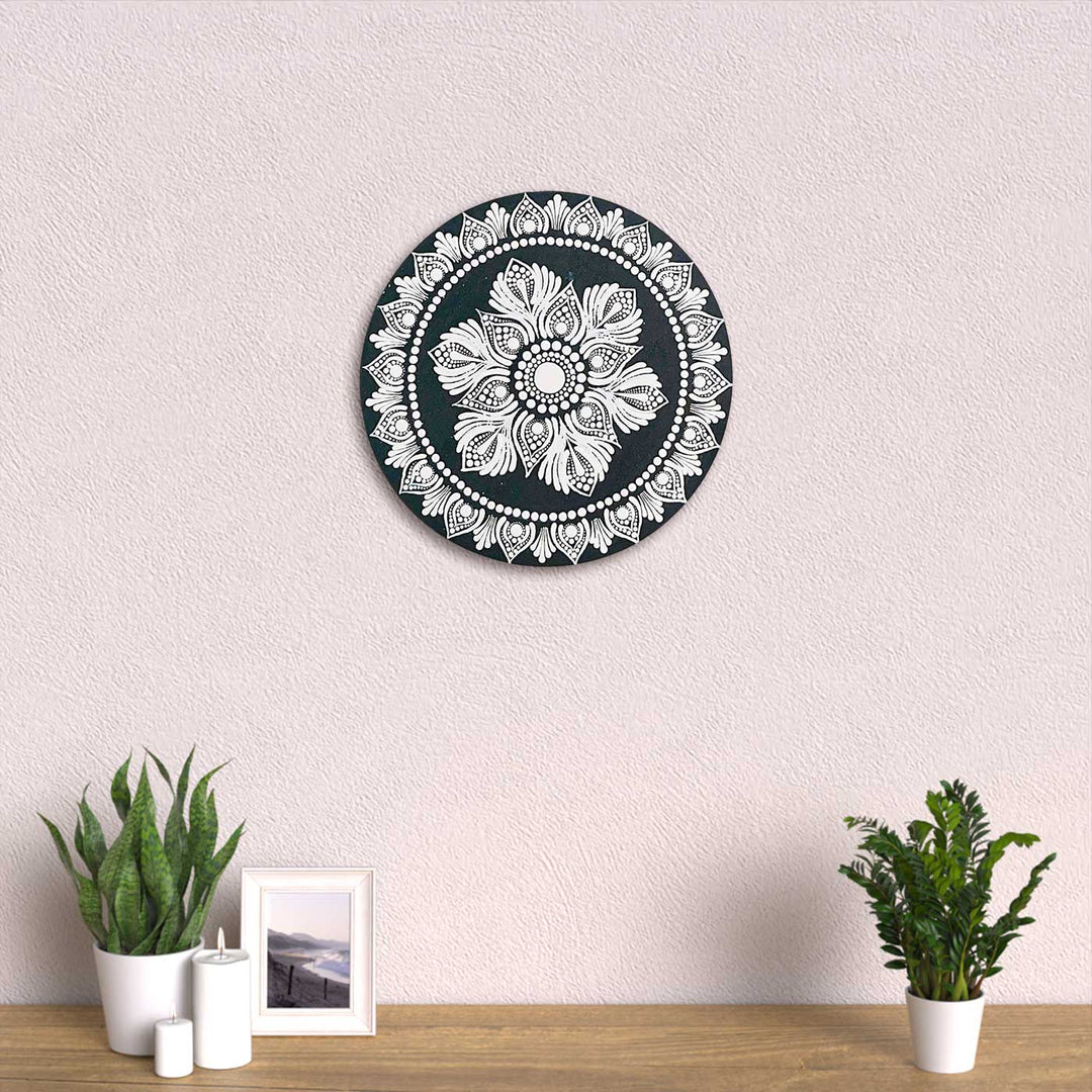 Hand-Painted Dot Mandala Dark Blue & White Mdf Wood Wall Plate