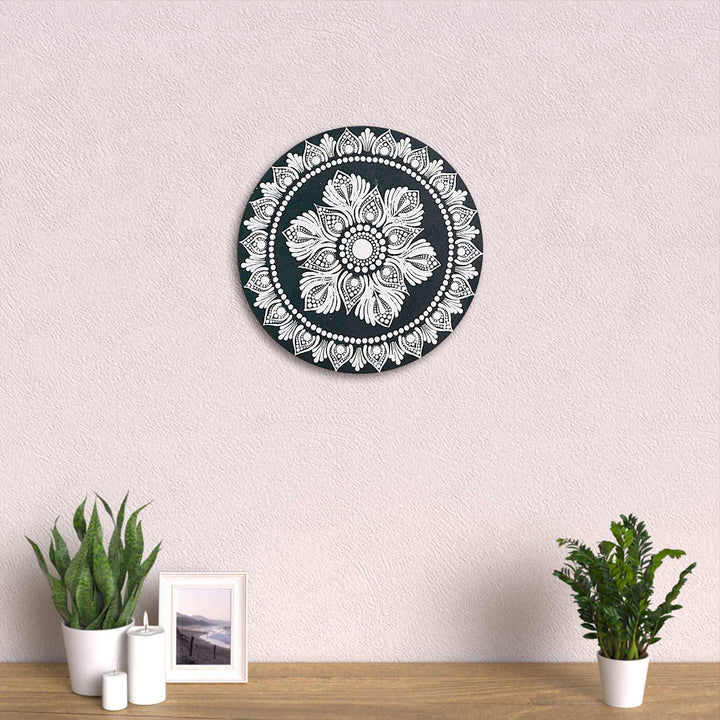 Hand-Painted Dot Mandala Dark Blue & White Mdf Wood Wall Plate