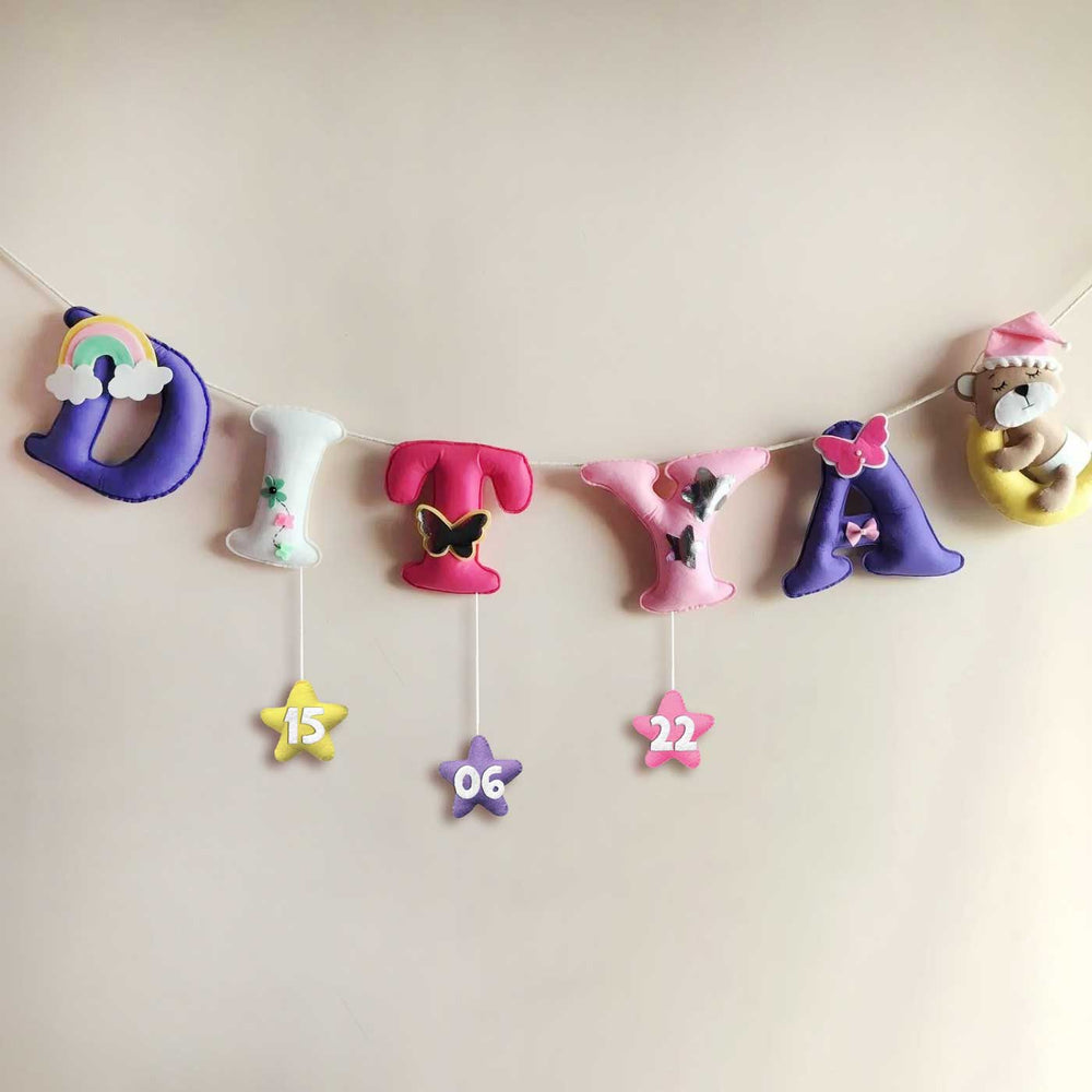 Customised Pink And Purple Felt Kids Bunting For Girls - Hanging Name Banner with Date Tags