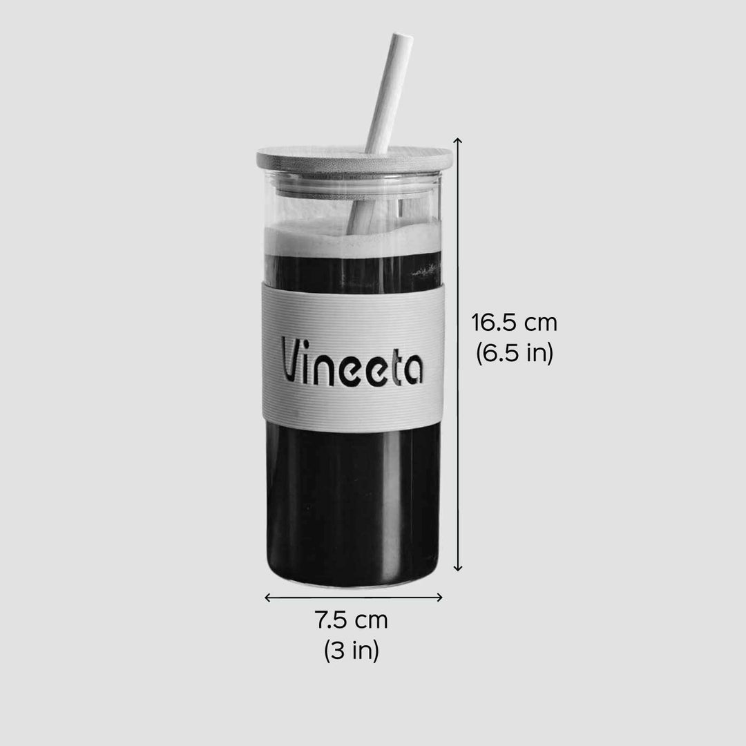 Personalized Silicon Band, Bamboo Lid Glass Tumbler with Straw | 350ml