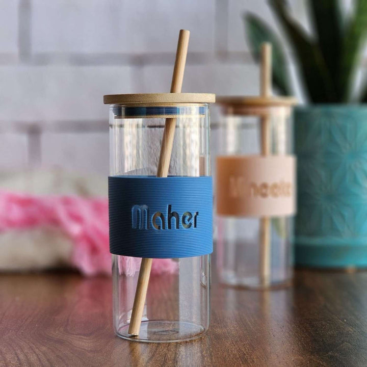 Personalized Silicon Band, Bamboo Lid Glass Tumbler with Straw | 350ml